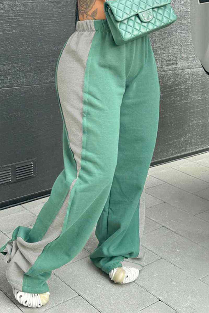 Green Casual Patchwork Contrast Regular High Waist Conventional Patchwork Trousers