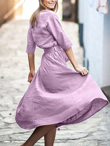 Women Vintage Dresses | Solid Pocket Crew Neck Half Sleeve Dress With Belt - XF29598