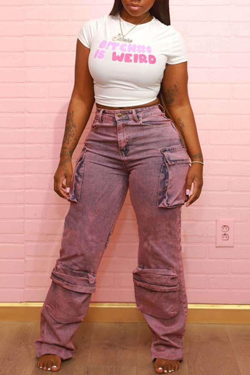 Pink Casual Patchwork Basic Mid Waist Straight Denim Jeans