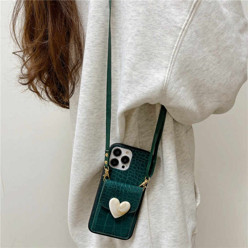 Cute Heart Card Wallet Crossbody Chain Bag Phone Case