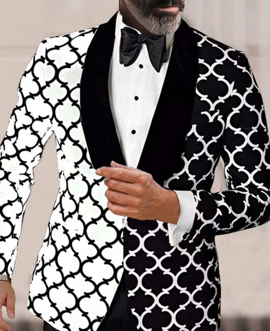 Elegant Black & White Color Blocking Graphic Print Lapel Collar Blazer
