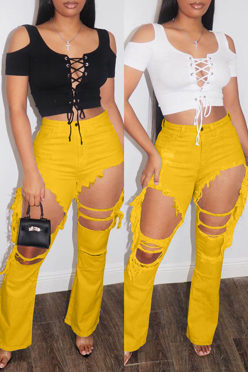 Yellow Casual Solid Tassel Ripped Mid Waist Skinny Denim Jeans