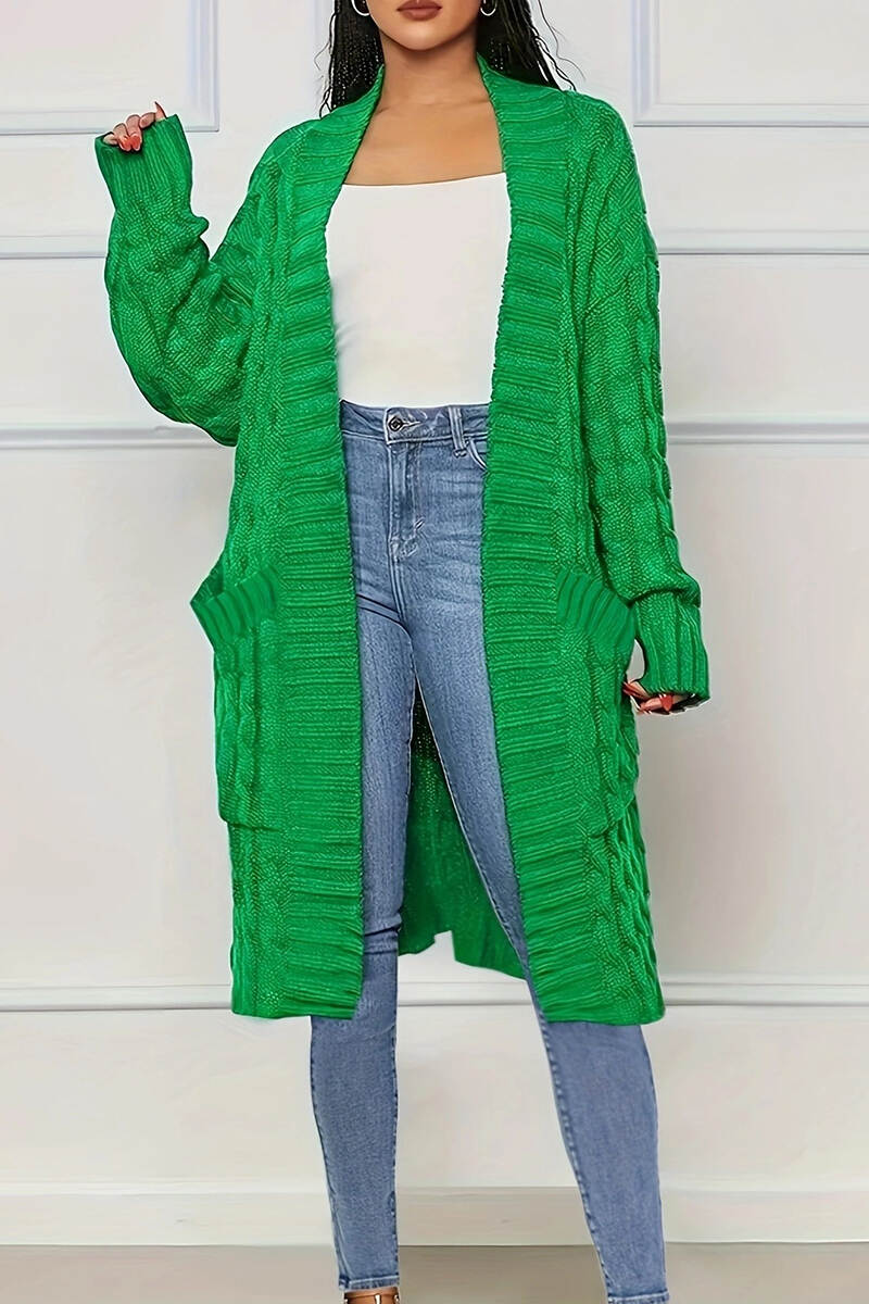 Green Casual Solid Cardigan Outerwear