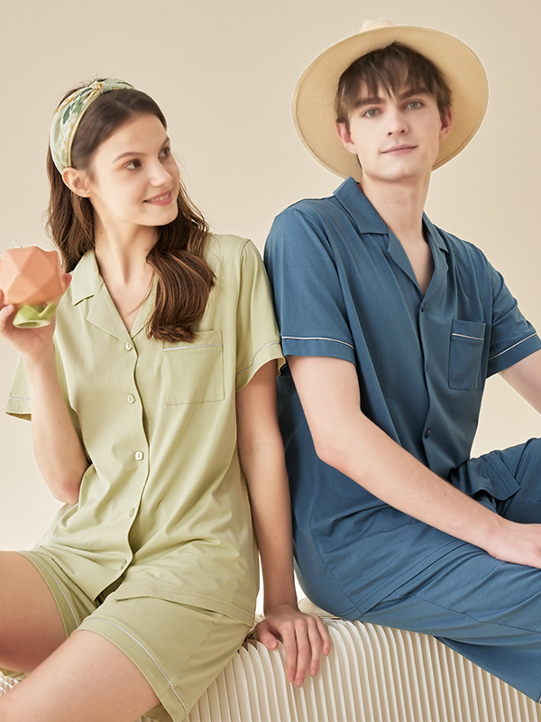 Modal V Neck Loose Simple Regular Sleeve Matching Couple Pajamas Set