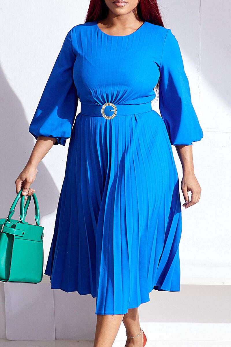 Blue Casual Elegant Solid Patchwork Fold With Belt O Neck Straight Dresses(Contain The Belt)