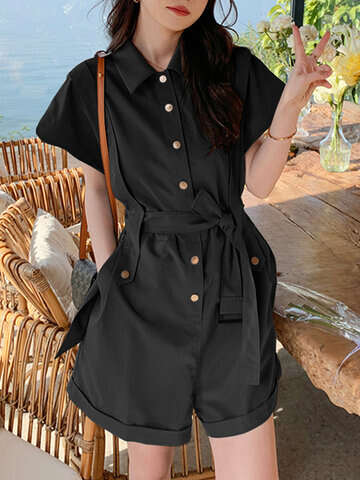 Women Jumpsuits & Rompers | Solid Belt Button Front Pocket Short Sleeve Lapel Cargo Romper - EZ35724