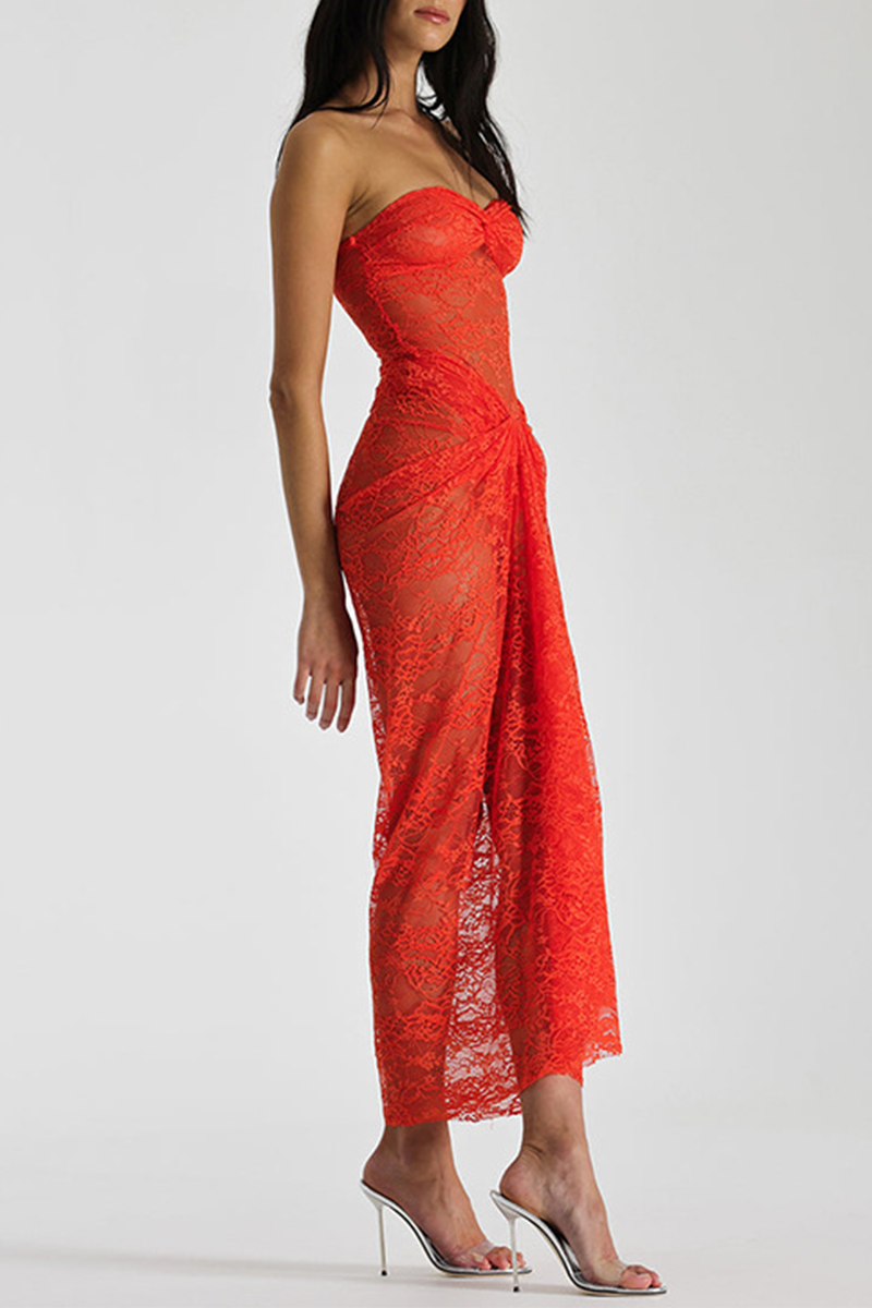 Tangerine Red Sexy Solid Lace Patchwork See-through Backless Strapless Wrapped Skirt Dresses