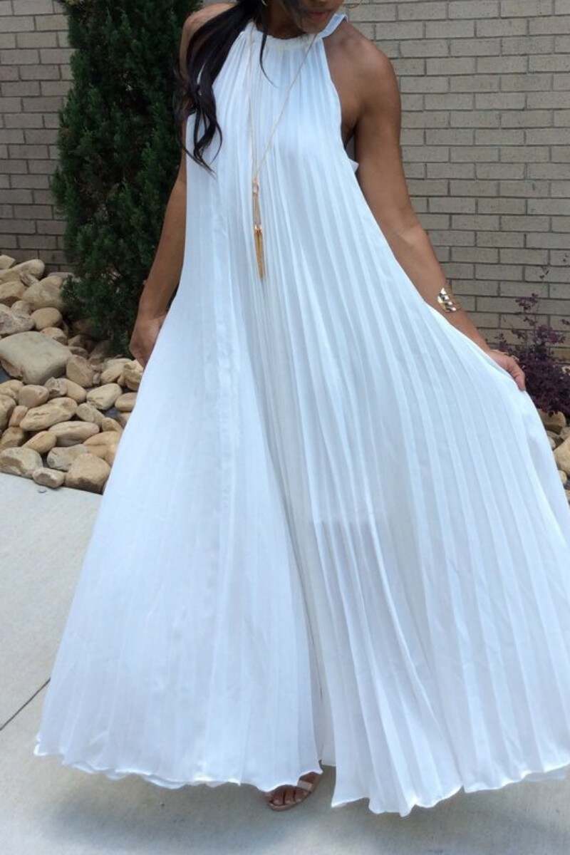 White Casual Solid Frenulum Pleated O Neck Long Dress Dresses