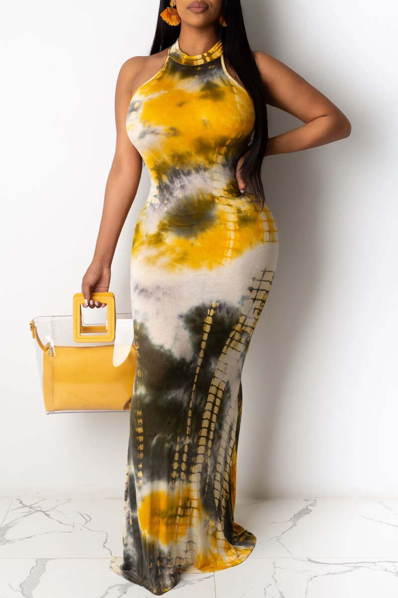 Yellow Fashion Sexy Print Tie-dye O Neck Sleeveless Dress