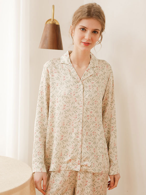 Loose V Neck Casual Floral Long Sleeve Pajama Set