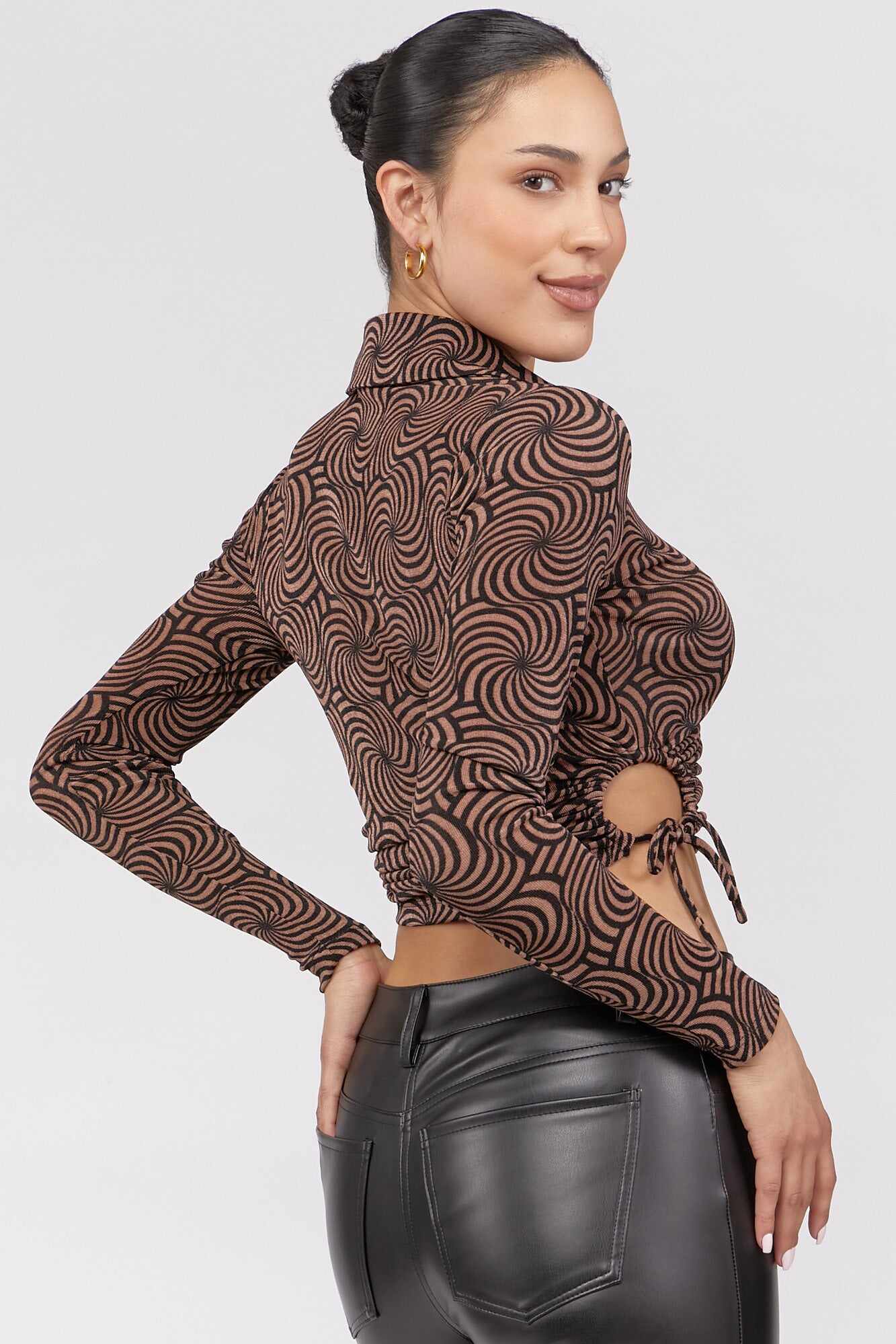 Women Apparel | Abstract Print Collared Crop Top Brown Forever21 - PI67801