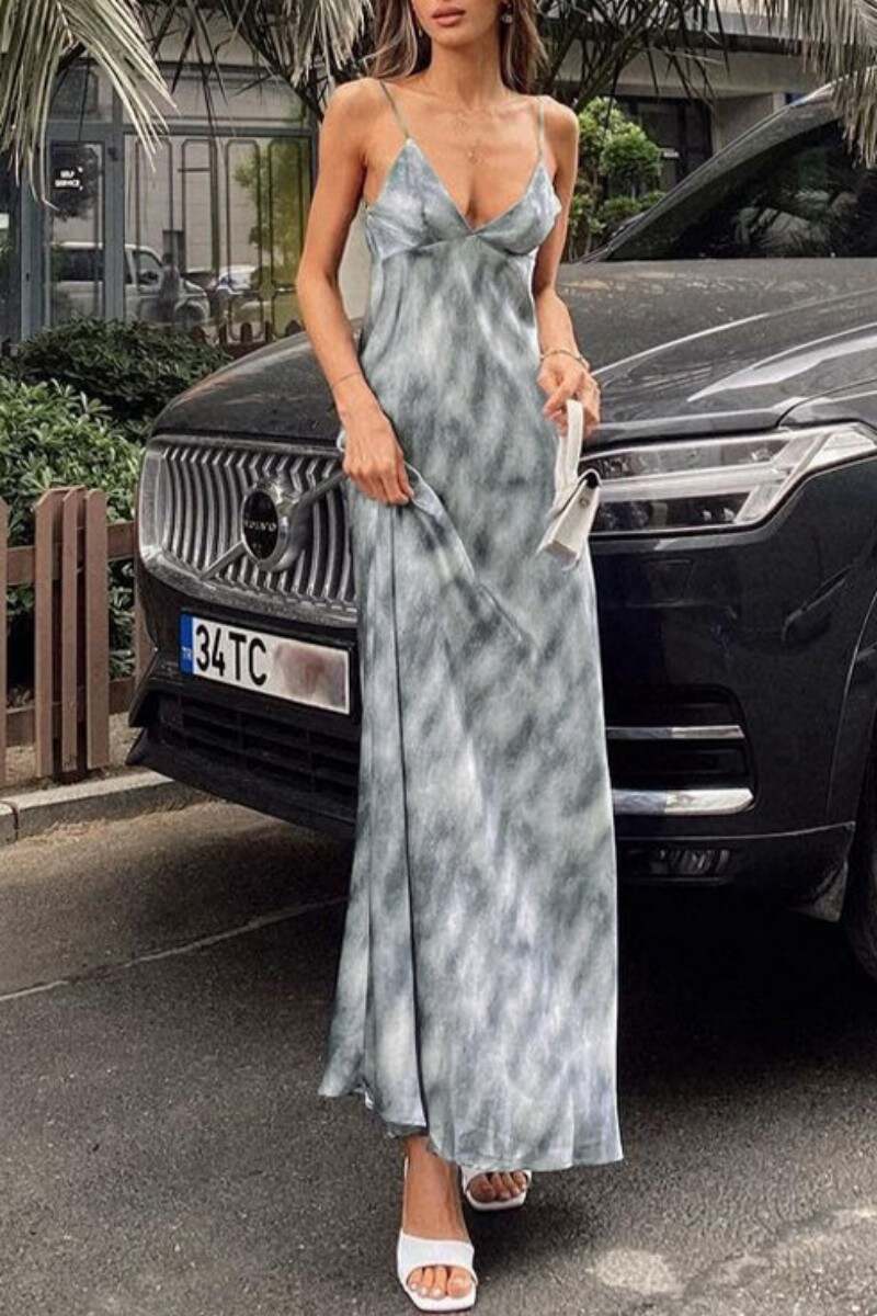 Blue Sexy Casual Print Backless Spaghetti Strap Long Dress Dresses