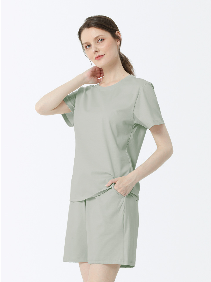 Plain Cotton Crew Neck Casual Short Sleeve Pajama Set