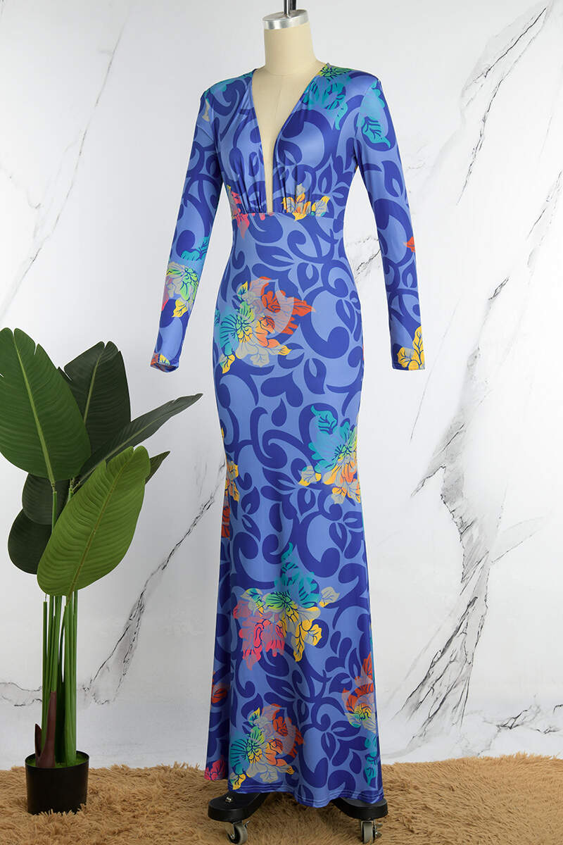 Blue Casual Print Patchwork V Neck Long Dress Dresses