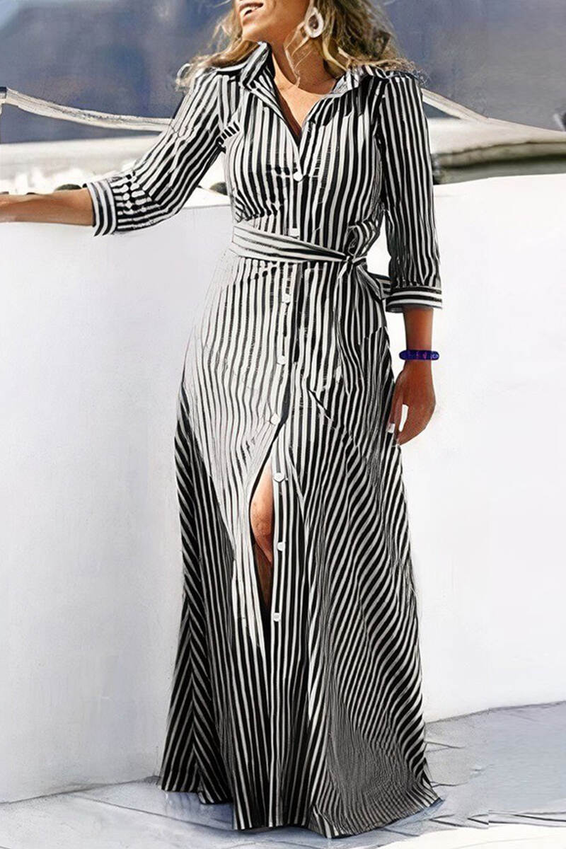 Dark Blue Elegant Plaid Geometric Striped Bandage Patchwork Buckle Printing Shirt Collar Printed Dress Dresses