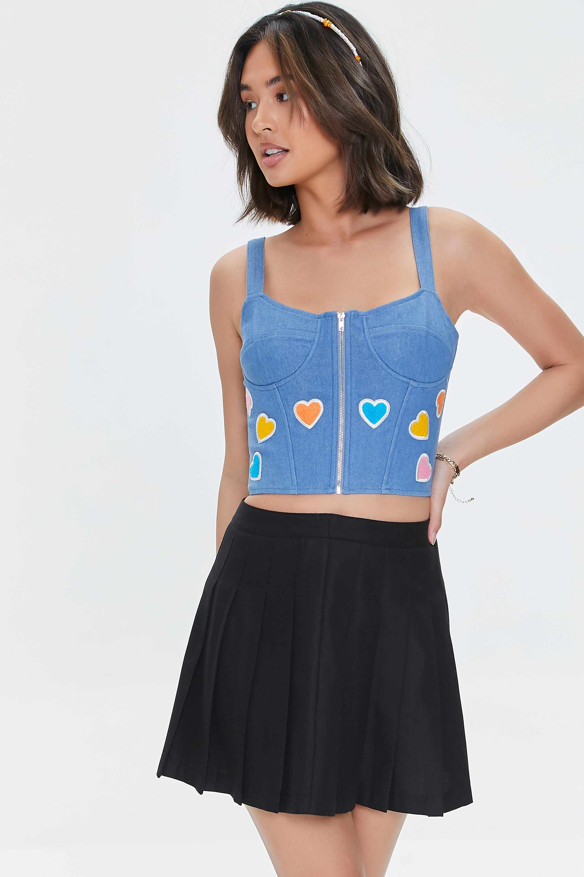 Women Apparel | Heart Graphic Denim Bustier Crop Top Denim Blue Forever21 - WN34952