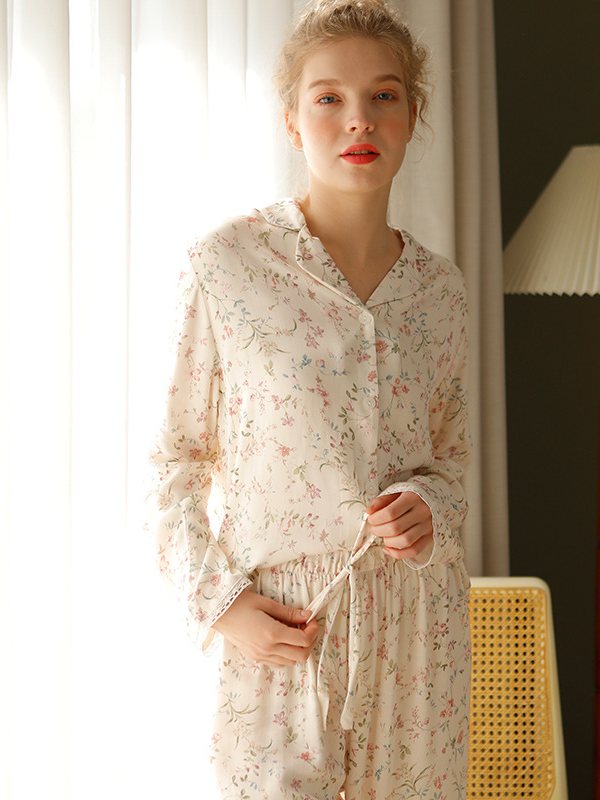 Simple Shawl Collar Stain Lace Long Sleeve Pajama Set