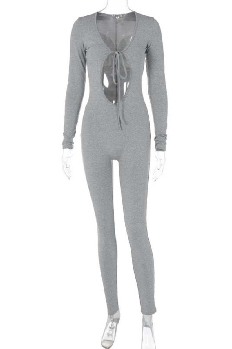 Grey Sexy Casual Solid Hollowed Out Frenulum O Neck Skinny Jumpsuits