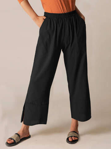 Women Plus Size Pants & Capris | Casual Solid Color Elastic Waist Plus Size Pants With Pockets - NM17542