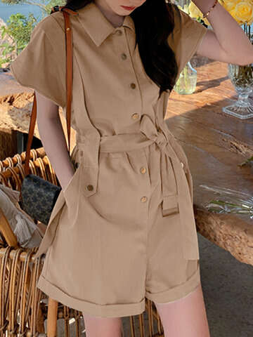 Women Jumpsuits & Rompers | Solid Belt Button Front Pocket Short Sleeve Lapel Cargo Romper - EZ35724