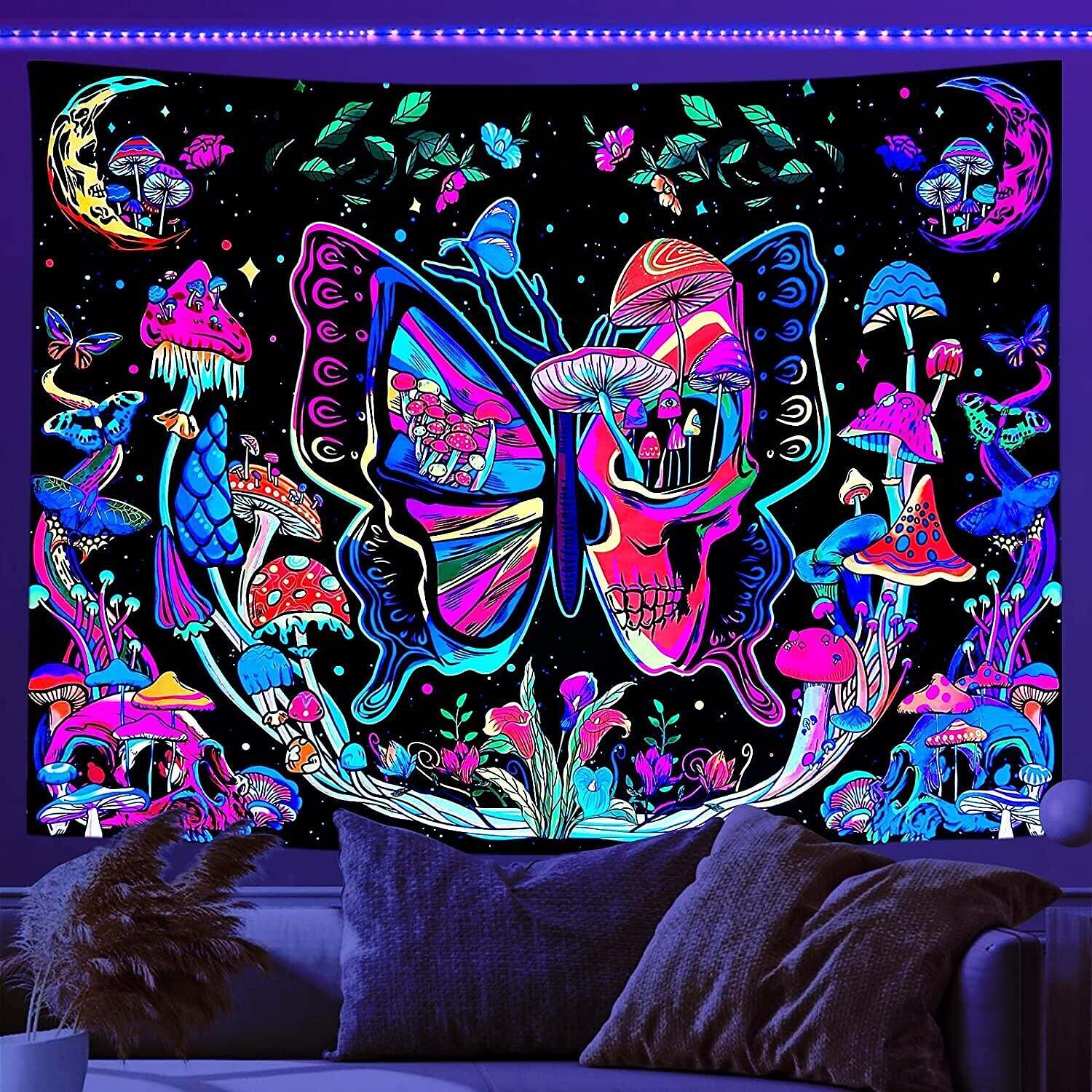 Blacklight Tapestry UV Reactive Trippy Butterfly Mushroom Plants