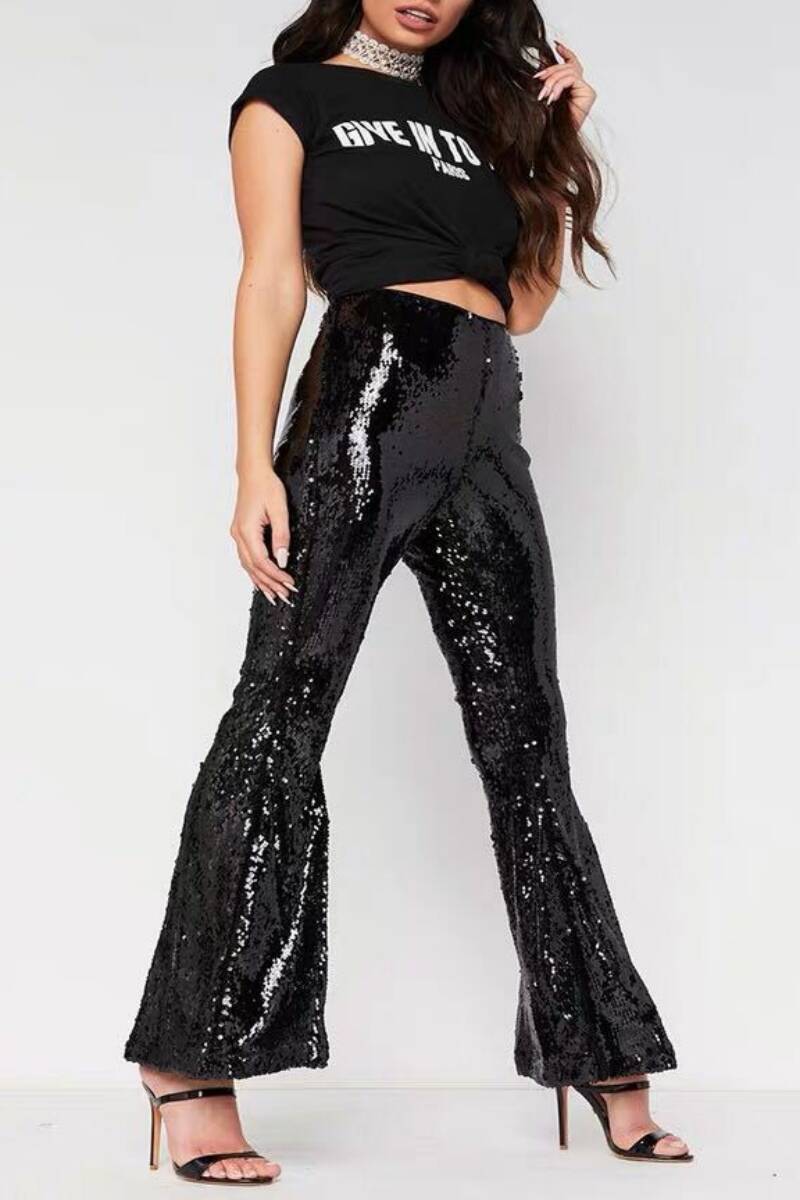 Black Casual Patchwork Sequins Regular High Waist Conventional Patchwork Trousers