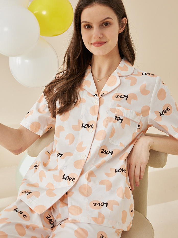 Cotton V Neck Simple Polka Dots Regular Sleeve Pajama Set