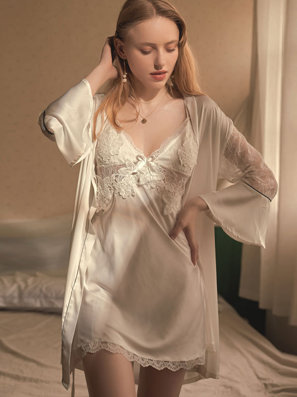 Elegant V Neck Regular Fit Plain Nightdress and Robe Two-piece Set