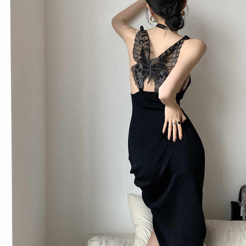 Embroidered Butterfly Black Sling Dress