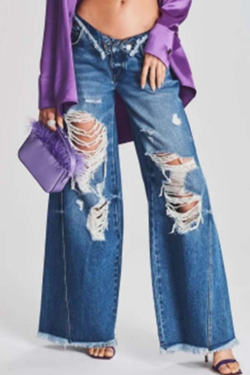 Deep Blue Casual Solid Ripped Patchwork Mid Waist Regular Denim Jeans (Subject To The Actual Object)