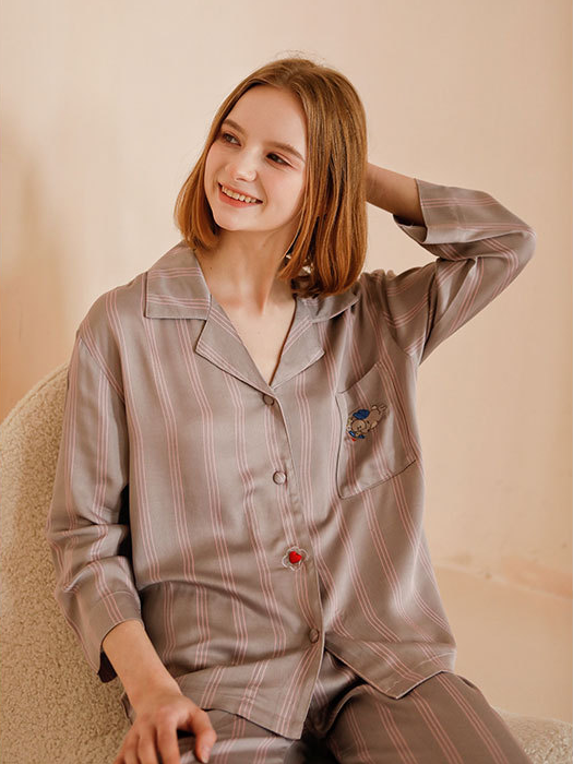 Striped Simple Shawl Collar Loose Long Sleeve Pajama Set