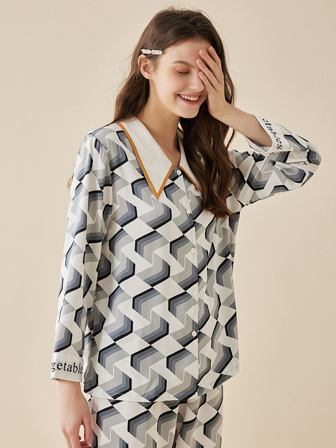 Geometric Print Ice Silk Couple Long Sleeve Pajamas Set