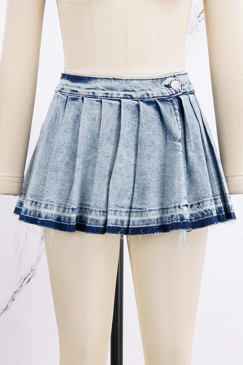 Deep Blue Casual Patchwork Pleated High Waist Regular Denim Skirts