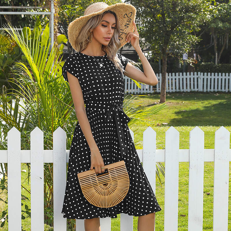 Polka-dot pleated midi dress