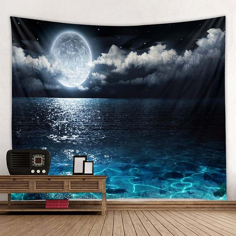 Moon Sea Sky Wall Tapestry Art Decor Landscape Full Night Ocean Cloud