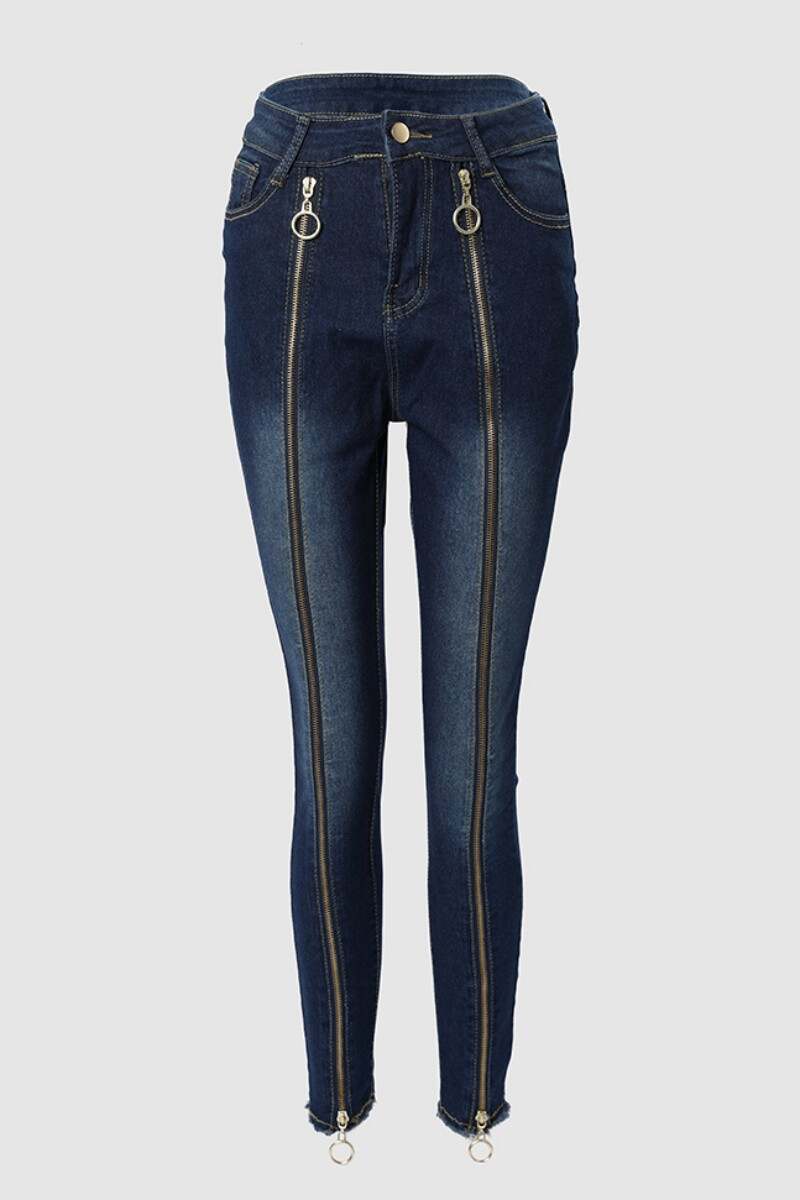 Deep Blue Casual Patchwork Zipper High Waist Skinny Denim Jeans