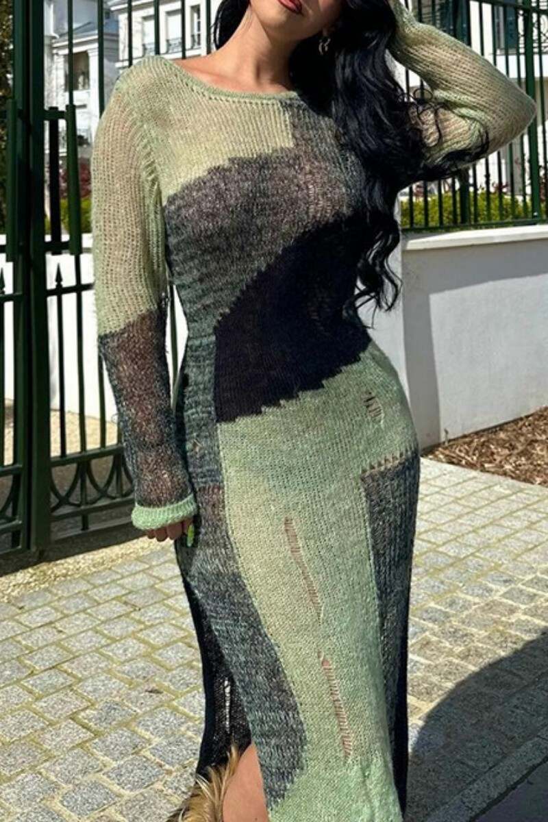 Green Casual Patchwork Ripped Slit O Neck Long Sleeve Dresses