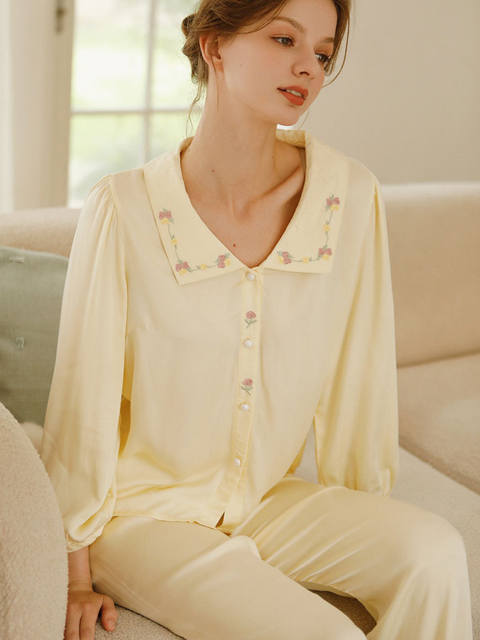 V Neck Elegant Regular Fit Long Sleeve Pajama Set