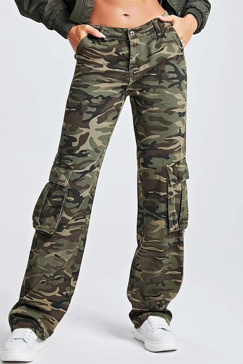 Army Green Casual Camouflage Print Patchwork Mid Waist Denim Jeans