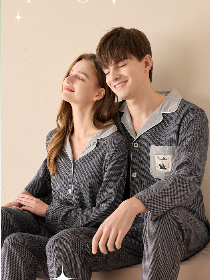 Cotton Houndstooth Simple V Neck Long Sleeve Couple Pajama Set