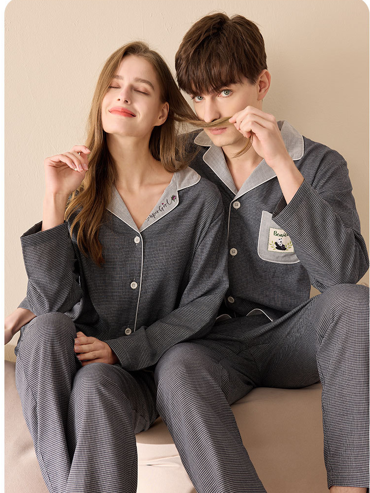 Cotton Houndstooth Simple V Neck Long Sleeve Couple Pajama Set