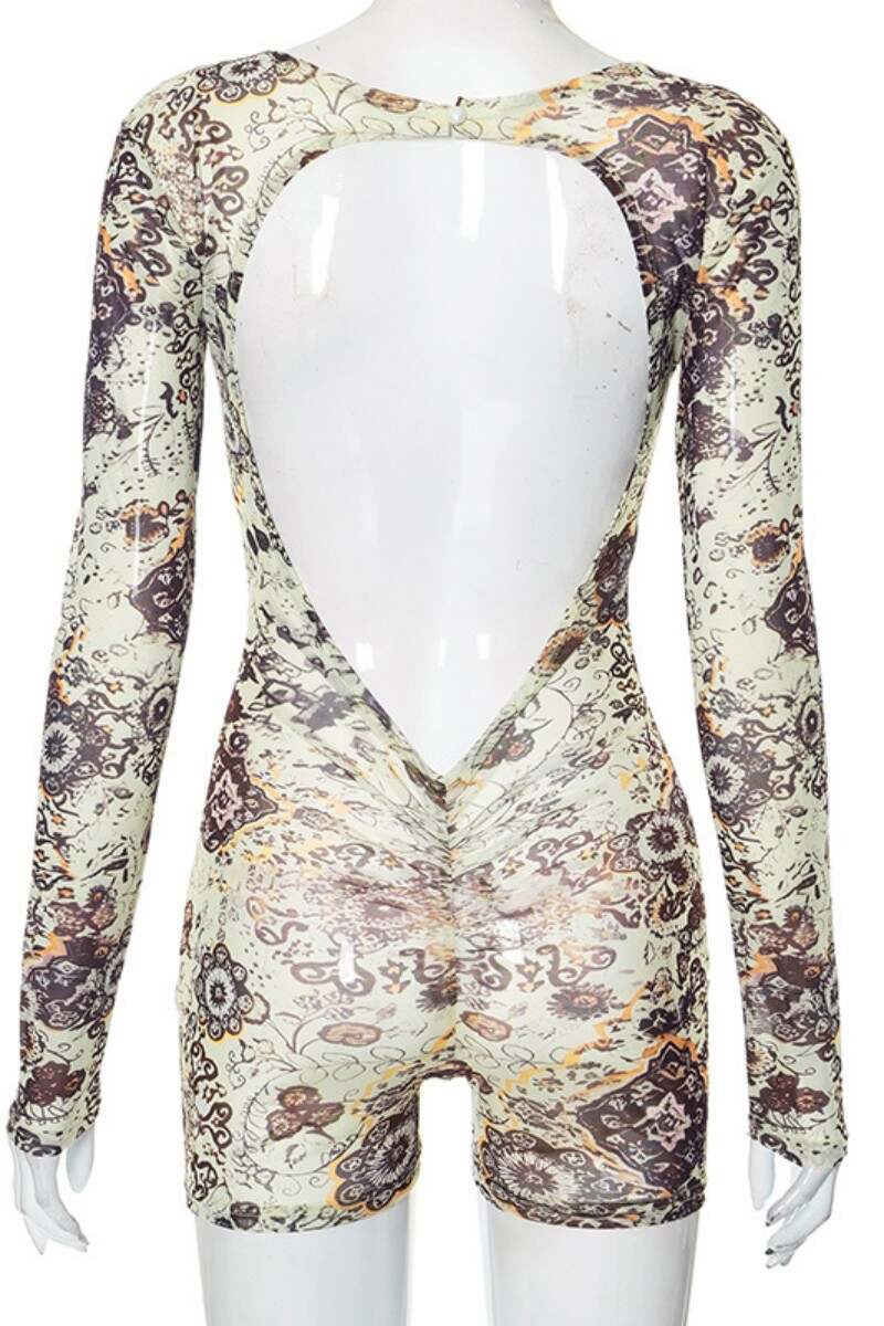 Green Casual Print Backless O Neck Skinny Romper