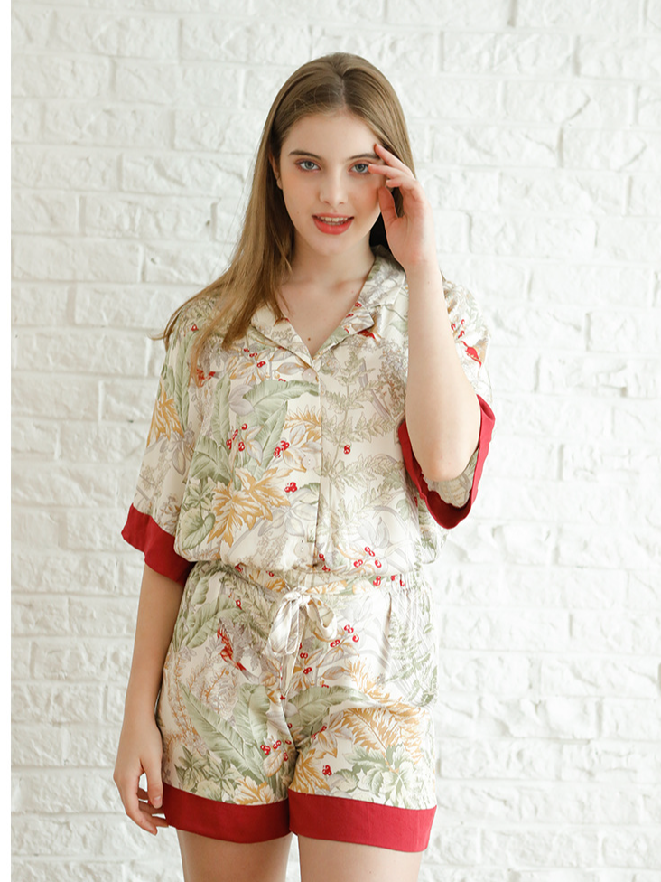 Leaf Loose Shawl Collar Sexy Short Sleeve Pajama Set