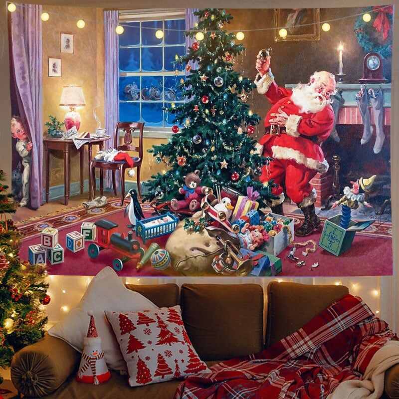 Christmas Decor LED Lights Wall Tapestry Fireplace Santa Claus Print