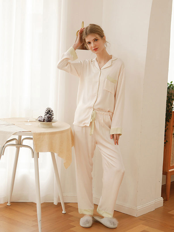 Simple Regular Fit V Neck Plain Long Sleeve Pajama Set