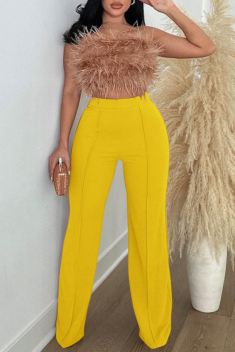 Yellow Casual Solid Basic Regular High Waist Conventional Solid Color Trousers