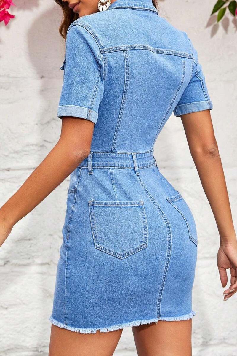 Sky Blue Casual Solid Patchwork Turndown Collar Short Sleeve Skinny Denim Dresses