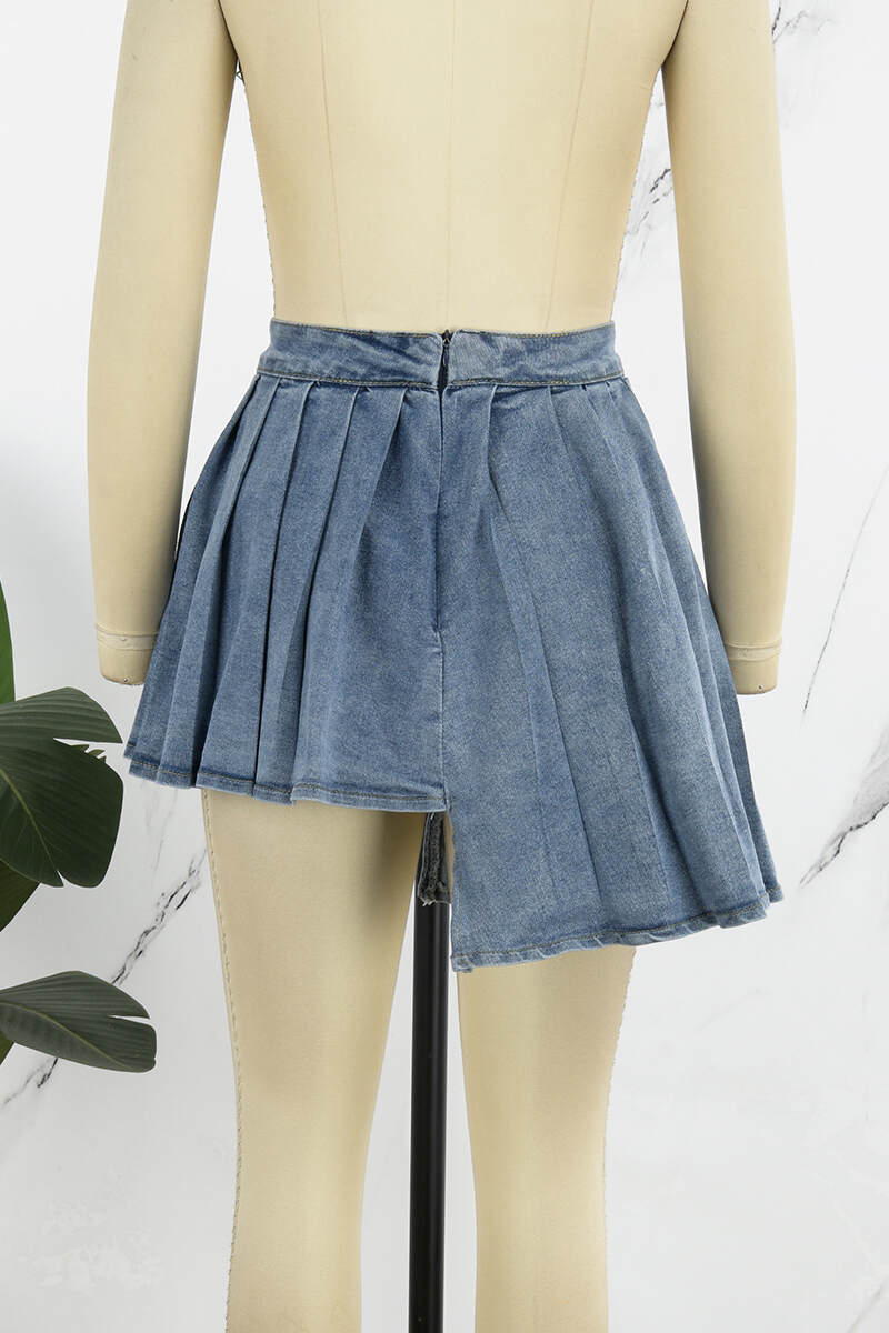 Sky Blue Casual Street Solid Make Old Patchwork Zipper Pleated Mid Waist Denim Skirts