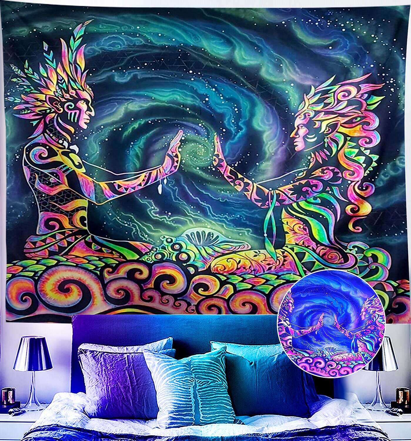 Trippy Blacklight UV Reactive Wall Tapestry Alien Astronaut Psychedelic