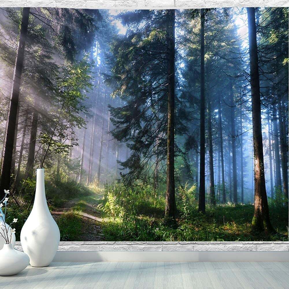 Landscape Tree Wall Tapestry Art Decor Misty Forest Nature Sunshine Through Tree